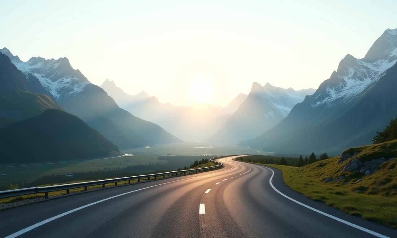 Schweizer Autobahn, die sich durch die Alpen windet, Sonnenaufgang
